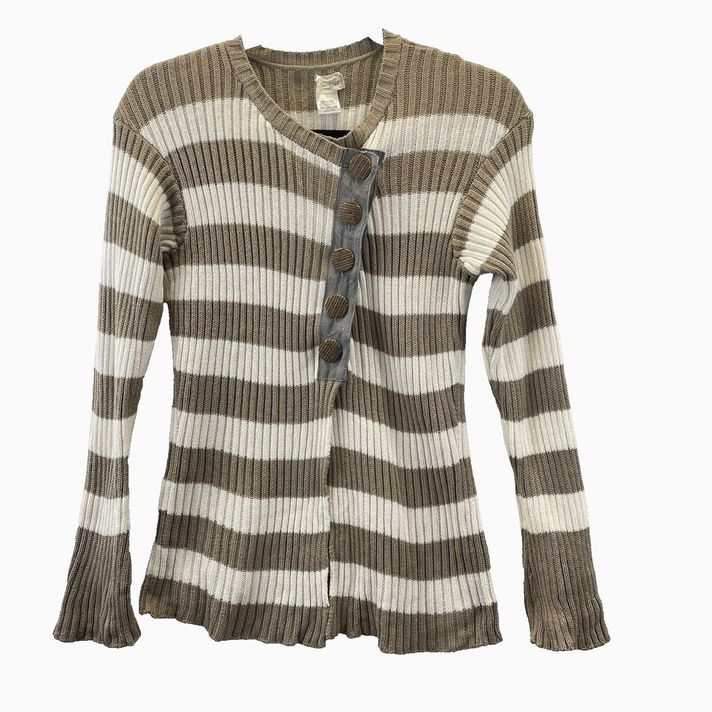 Neesh by‎ D.A.R. Striped Ribbed Cardigan Women M Olive Green Button Front